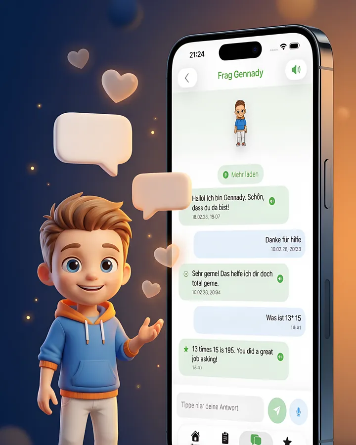 Gennady App: Chat mit Gennady, in dem ein Kind eine Frage stellt