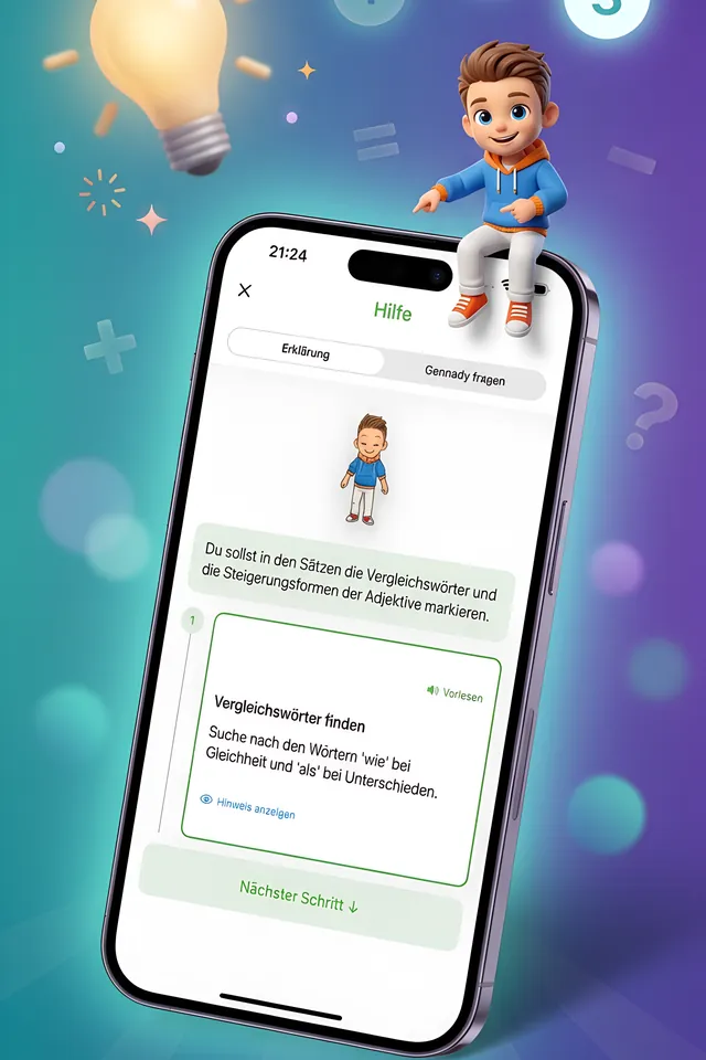 Gennady App: Hilfe-Ansicht mit einer Erklärung in kleinen Schritten